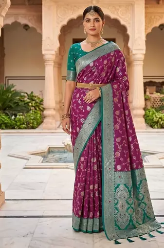 Festive onion banarasi silk blend saree with colorful meenakari border