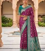 Festive onion banarasi silk blend saree with colorful meenakari border