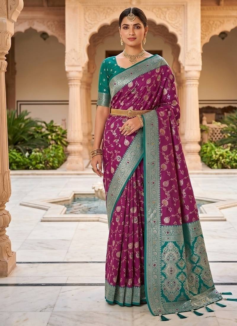 Festive onion banarasi silk blend saree with colorful meenakari border