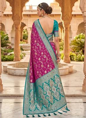 Festive onion banarasi silk blend saree with colorful meenakari border 2