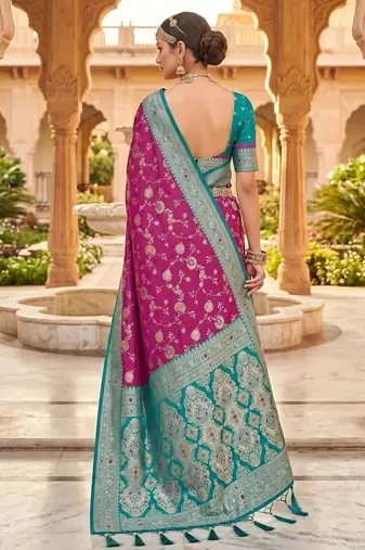 Festive onion banarasi silk blend saree with colorful meenakari border
