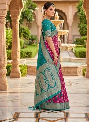 Festive onion banarasi silk blend saree with colorful meenakari border 3