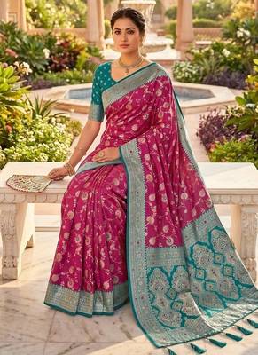 Festive onion banarasi silk blend saree with colorful meenakari border 4