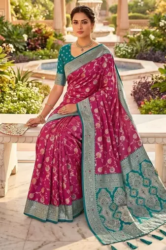 Festive onion banarasi silk blend saree with colorful meenakari border