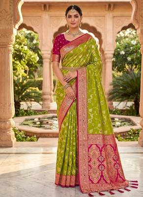 Festive perrot banarasi silk blend saree with colorful meenakari border 1
