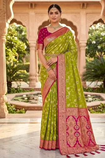 Festive perrot banarasi silk blend saree with colorful meenakari border