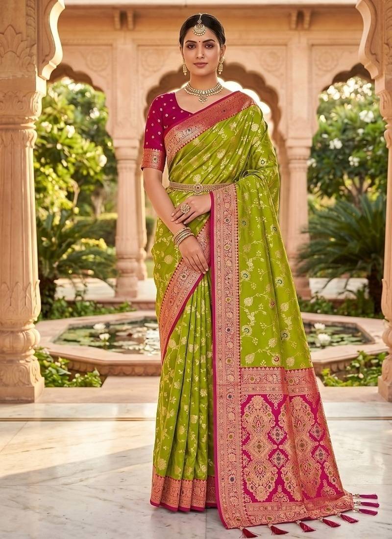 Festive perrot banarasi silk blend saree with colorful meenakari border
