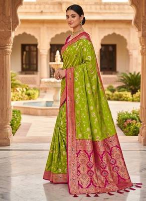 Festive perrot banarasi silk blend saree with colorful meenakari border 3