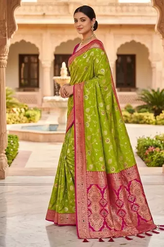 Festive perrot banarasi silk blend saree with colorful meenakari border