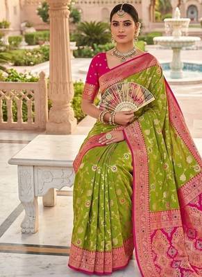 Festive perrot banarasi silk blend saree with colorful meenakari border 4