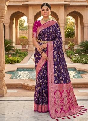Festive purple banarasi silk blend saree with colorful meenakari border 1