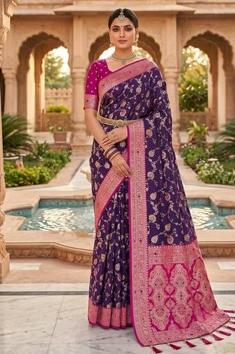 Festive purple banarasi silk blend saree with colorful meenakari border