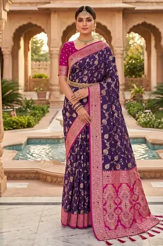 Festive purple banarasi silk blend saree with colorful meenakari border