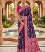 Festive purple banarasi silk blend saree with colorful meenakari border