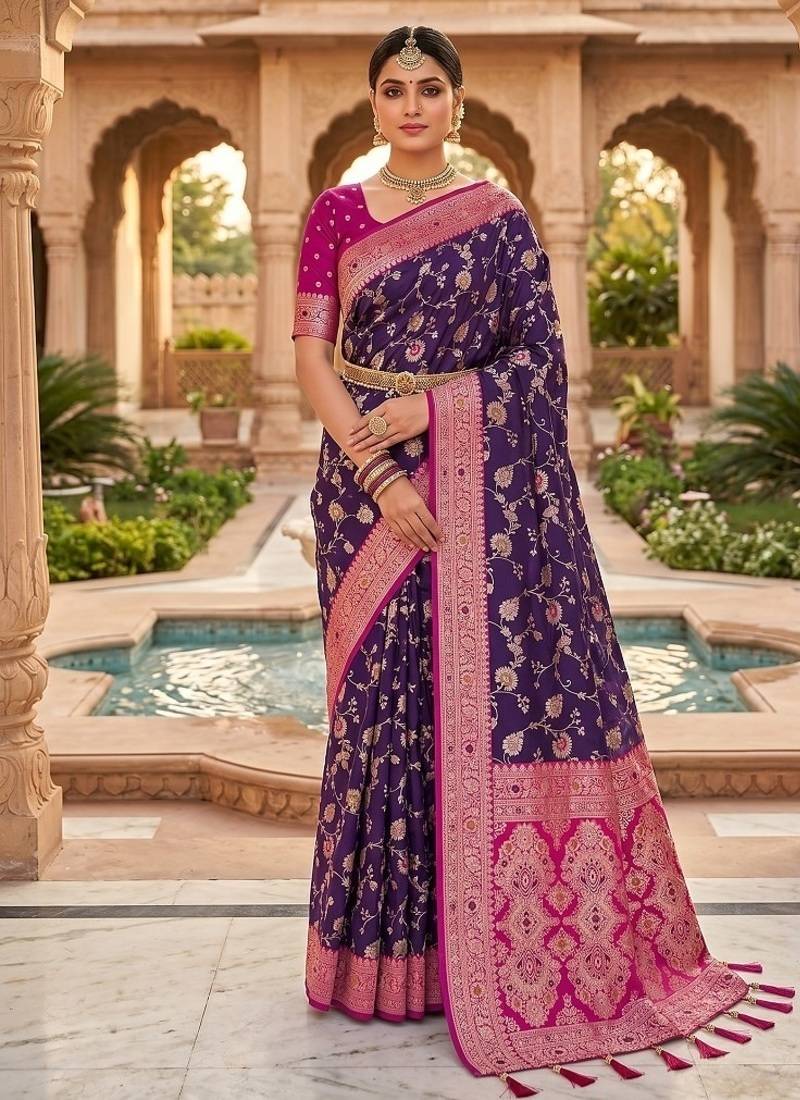 Festive purple banarasi silk blend saree with colorful meenakari border