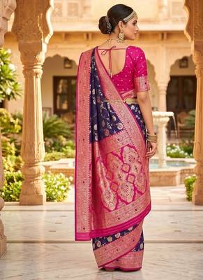 Festive purple banarasi silk blend saree with colorful meenakari border 2