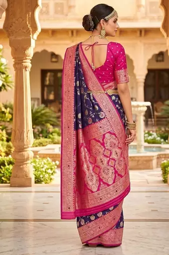Festive purple banarasi silk blend saree with colorful meenakari border