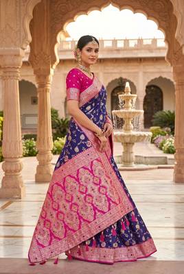 Festive purple banarasi silk blend saree with colorful meenakari border 3
