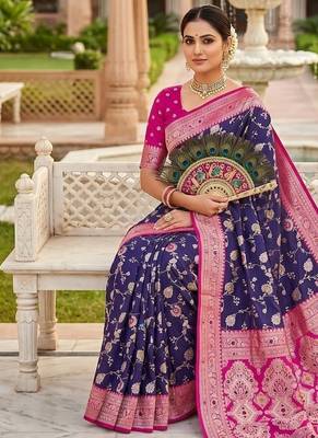 Festive purple banarasi silk blend saree with colorful meenakari border 4