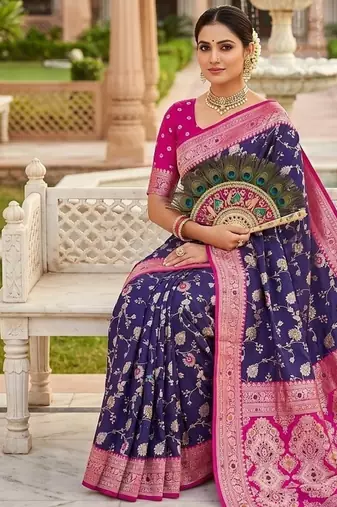 Festive purple banarasi silk blend saree with colorful meenakari border