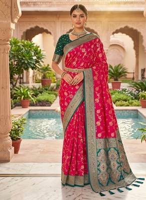 Festive ranipink banarasi silk blend saree with colorful meenakari border 1