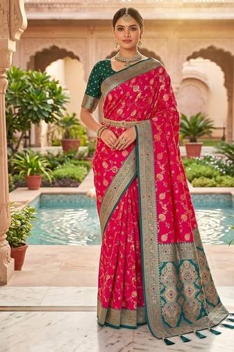 Festive ranipink banarasi silk blend saree with colorful meenakari border
