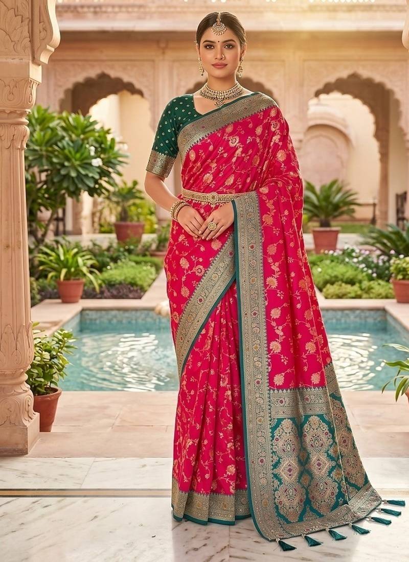 Festive ranipink banarasi silk blend saree with colorful meenakari border