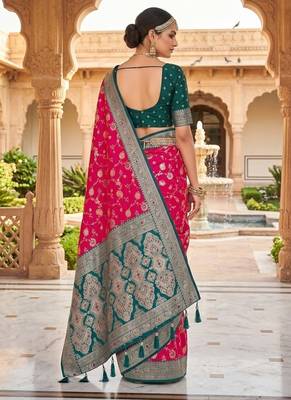 Festive ranipink banarasi silk blend saree with colorful meenakari border 2
