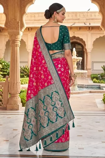 Festive ranipink banarasi silk blend saree with colorful meenakari border