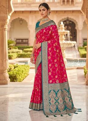 Festive ranipink banarasi silk blend saree with colorful meenakari border 3