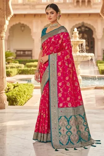 Festive ranipink banarasi silk blend saree with colorful meenakari border