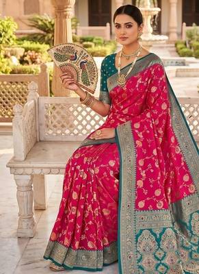 Festive ranipink banarasi silk blend saree with colorful meenakari border 4