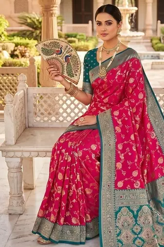 Festive ranipink banarasi silk blend saree with colorful meenakari border