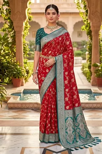 Festive red banarasi silk blend saree with colorful meenakari border