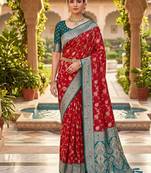 Festive red banarasi silk blend saree with colorful meenakari border