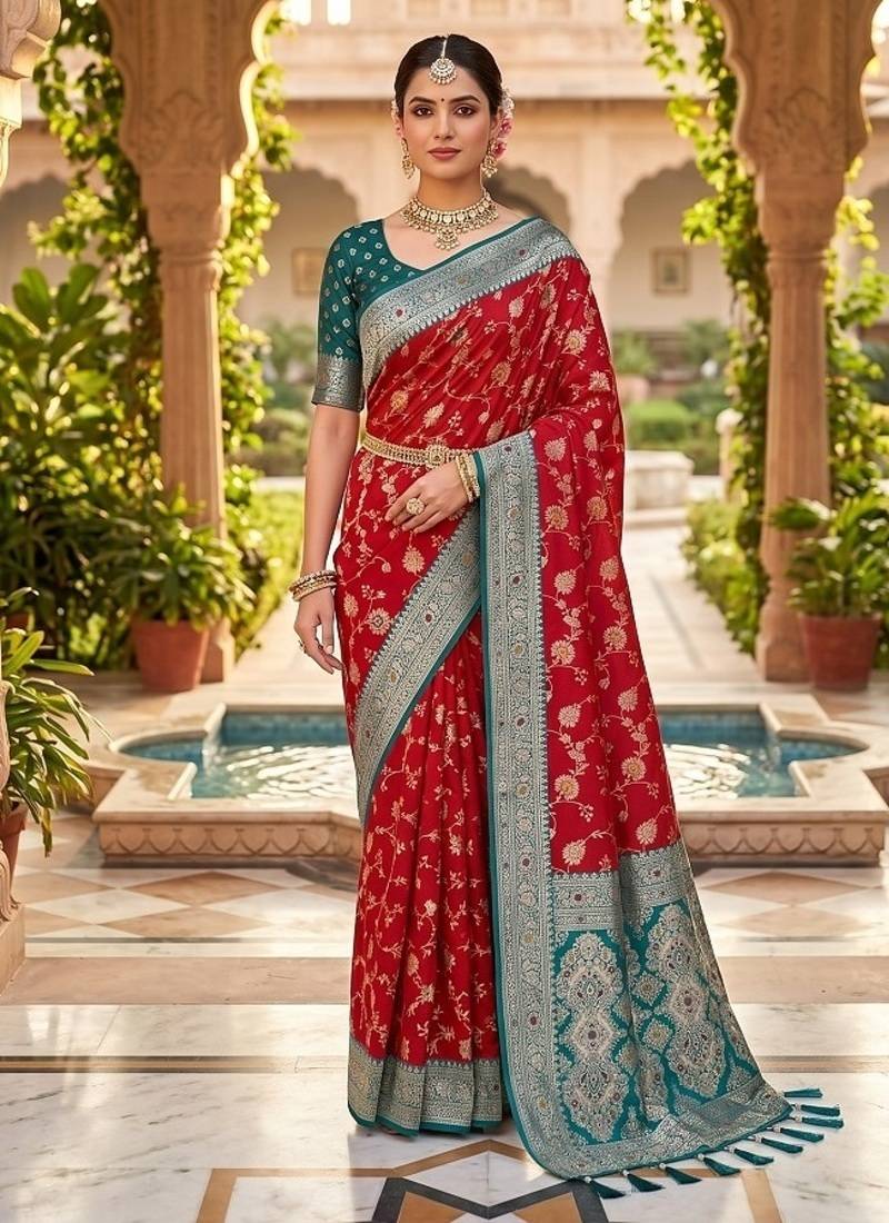 Festive red banarasi silk blend saree with colorful meenakari border