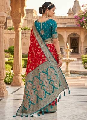 Festive red banarasi silk blend saree with colorful meenakari border 2