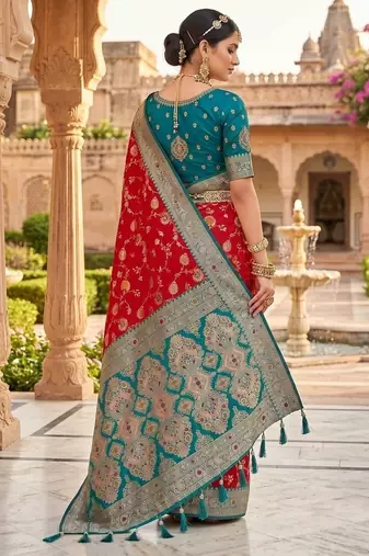 Festive red banarasi silk blend saree with colorful meenakari border