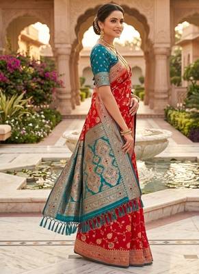 Festive red banarasi silk blend saree with colorful meenakari border 3