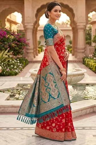 Festive red banarasi silk blend saree with colorful meenakari border