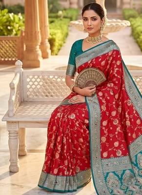 Festive red banarasi silk blend saree with colorful meenakari border 4