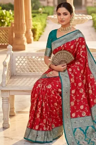 Festive red banarasi silk blend saree with colorful meenakari border