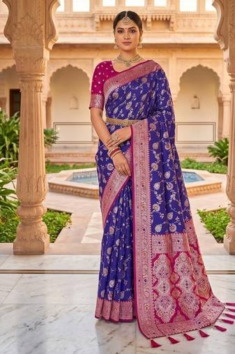 Festive violet banarasi silk blend saree with colorful meenakari border