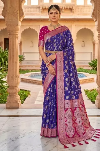 Festive violet banarasi silk blend saree with colorful meenakari border