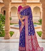 Festive violet banarasi silk blend saree with colorful meenakari border