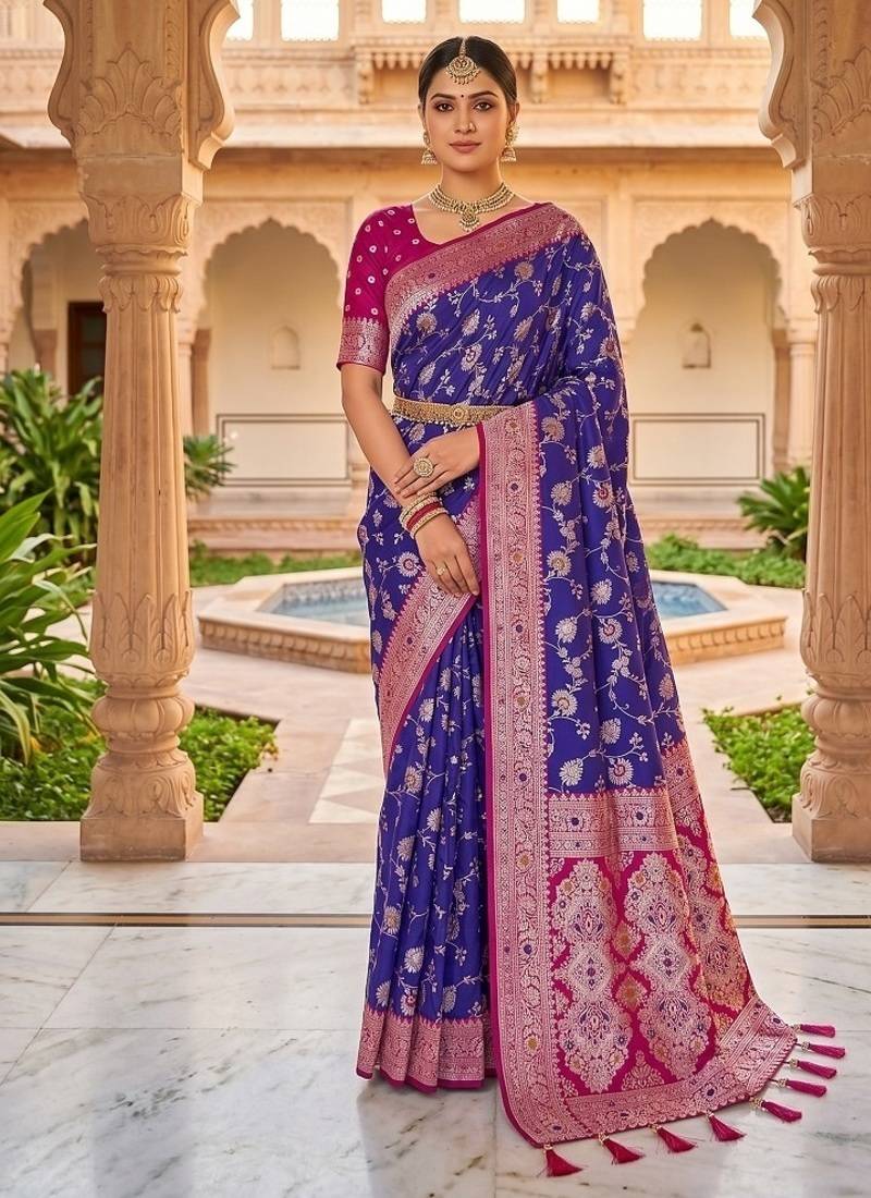 Festive violet banarasi silk blend saree with colorful meenakari border