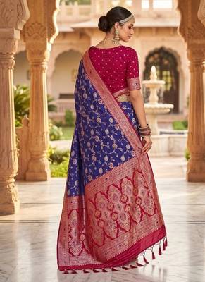 Festive violet banarasi silk blend saree with colorful meenakari border 2