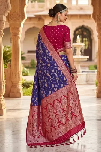 Festive violet banarasi silk blend saree with colorful meenakari border