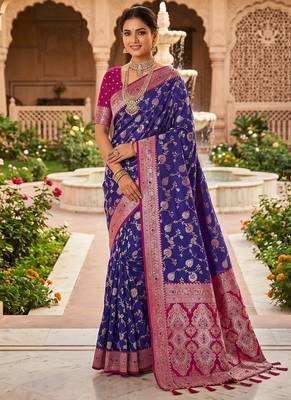 Festive violet banarasi silk blend saree with colorful meenakari border 3