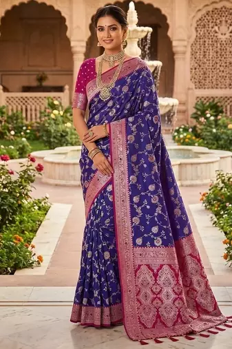 Festive violet banarasi silk blend saree with colorful meenakari border